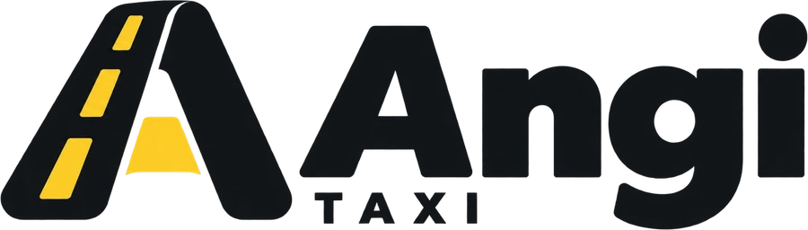 Logo von Taxi Angi: ein A in Form einer Straße mit gelber Mittellinie, daneben der Schriftzug Angi Taxi.
